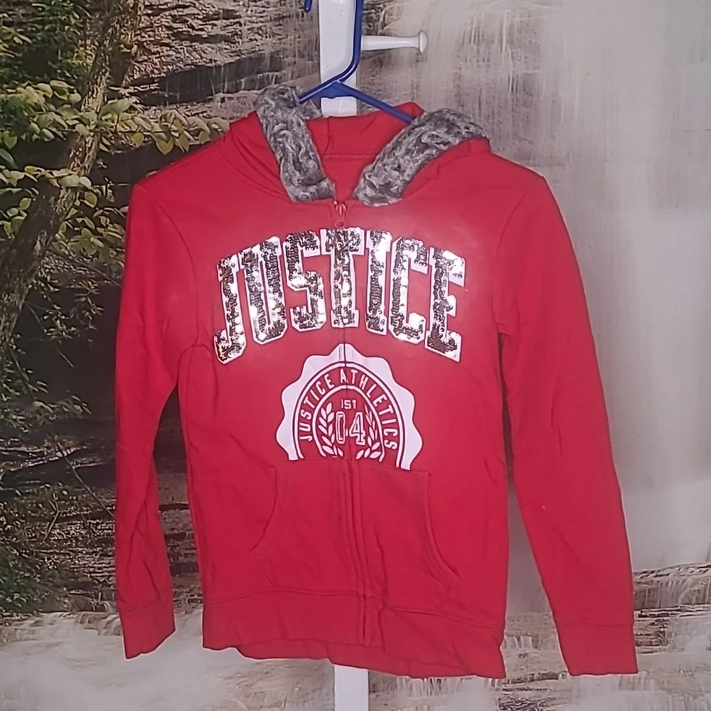Justice Active Girls 12 sequin bling Full Zip Up faux fur red hoodie